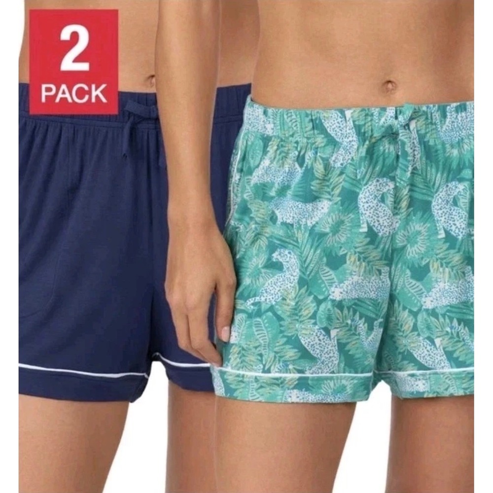 Room Service Womens 2 Pack Lounge Shorts Navy Blue Teal Leopard Print •M• Comfy